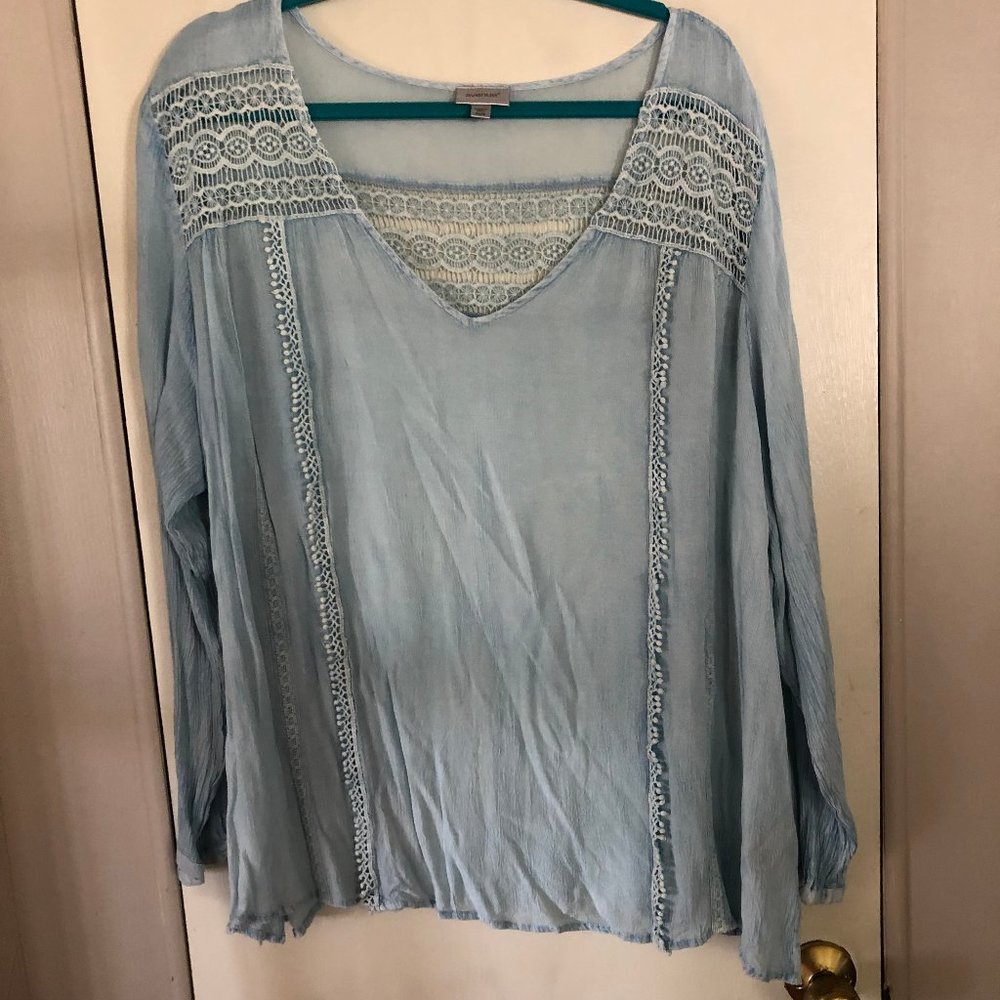 Blue Boho Peasant Crochet Accents V-Neck Tunic
